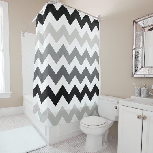 黒と灰色の山形の波形ストライプパターン シャワーカーテン (インサイチュ)