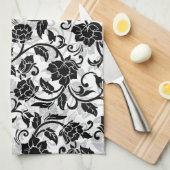 黒と灰色の渦巻く花 キッチンタオル (四つ折り)