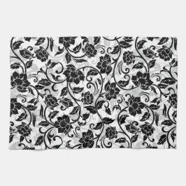 黒と灰色の渦巻く花 キッチンタオル