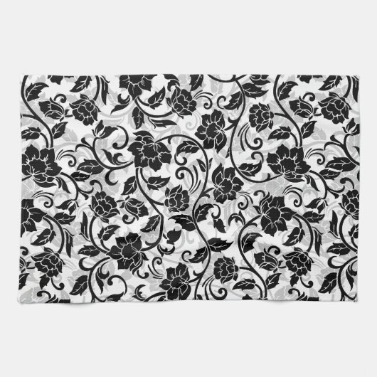 黒と灰色の渦巻く花 キッチンタオル (横)