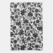 黒と灰色の渦巻く花 キッチンタオル (縦)