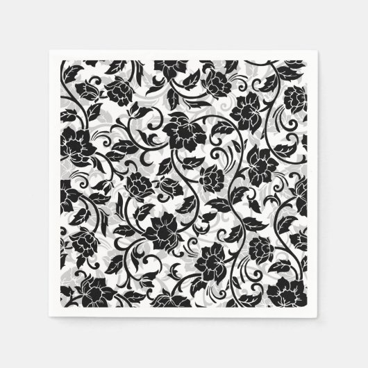 黒と灰色の渦巻く花 スタンダードカクテルナプキン (正面)