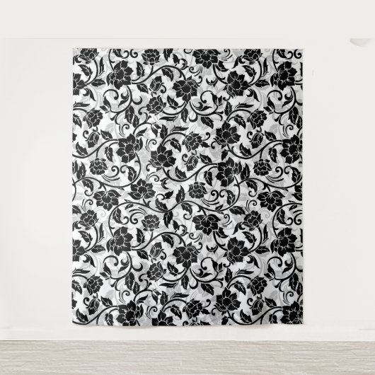 黒と灰色の渦巻く花 タペストリー (正面)