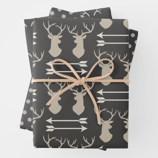 黒と灰色の牡鹿の頭と〔雄ジカの〕枝角 ラッピングペーパーシート (インサイチュ)