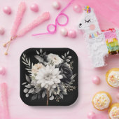 黒と灰色の花 ペーパープレート (パーティー)