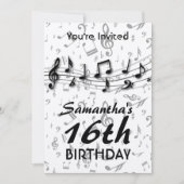 黒と灰色の音楽ノートの誕生日パーティー 招待状 (正面)