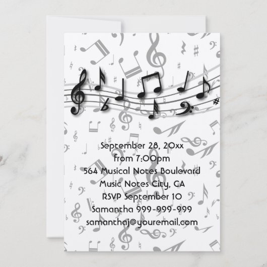 黒と灰色の音楽ノートの誕生日パーティー 招待状 (裏面)