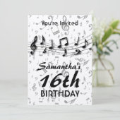 黒と灰色の音楽ノートの誕生日パーティー 招待状 (スタンド正面)
