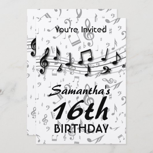 黒と灰色の音楽ノートの誕生日パーティー 招待状 (正面/裏面)