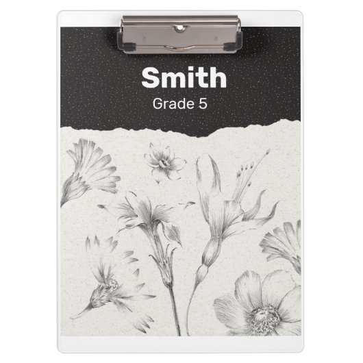 黒と灰色エレガントの花パーソナライズされた クリップボード (正面)