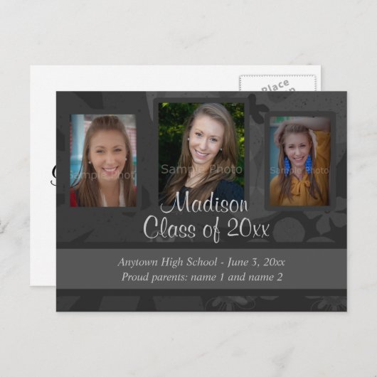 黒と灰色3枚の写真の卒業日付を保存 案内ポストカード (正面/裏面)