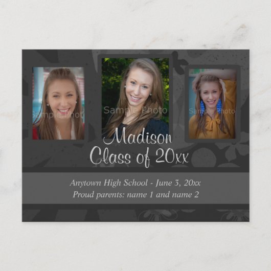 黒と灰色3枚の写真の卒業日付を保存 案内ポストカード (正面)