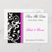 黒と熱いピンクの渦巻き結婚式日付を保存 案内ポストカード (正面/裏面)