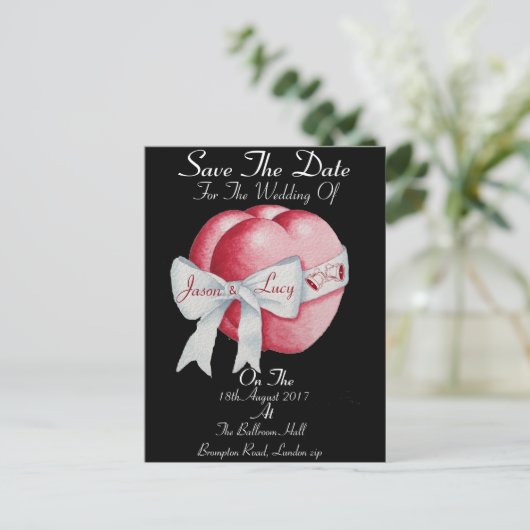 黒と白い弓の赤いハートは日付を保存 案内ポストカード (スタンド正面)