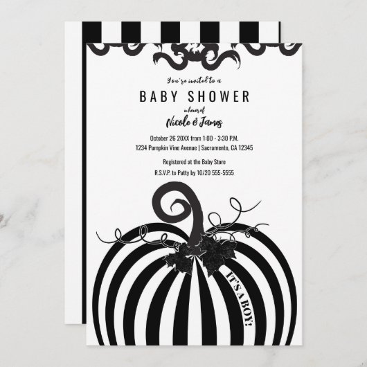 黒と白かぼちゃのストライプの秋の赤ちゃんシャワー 招待状 (正面/裏面)