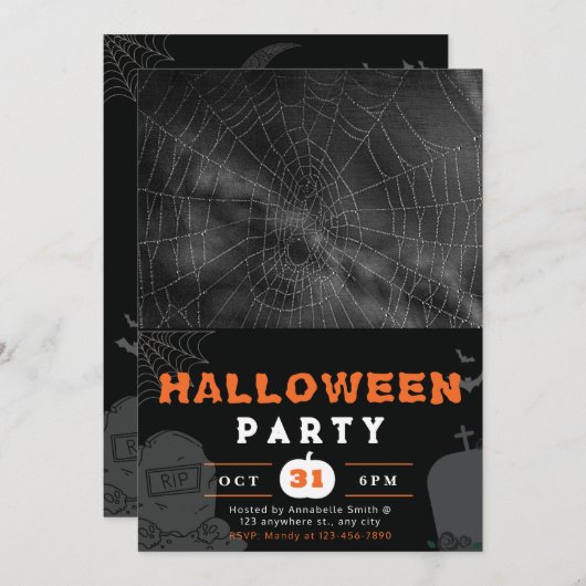 黒と白と灰色のスパイダーウェブブラックハロウィーン 招待状 (正面/裏面)