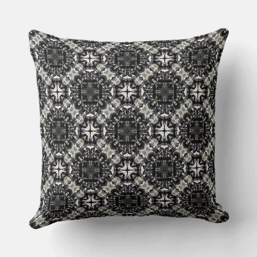 黒と白と灰色の波打ったマンダラ模様 クッション (裏面)