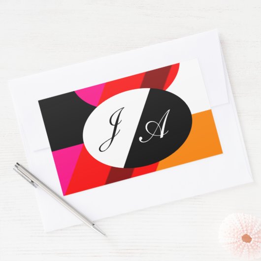 黒と白と赤のダブルモノグラム入り 長方形シール (封筒)