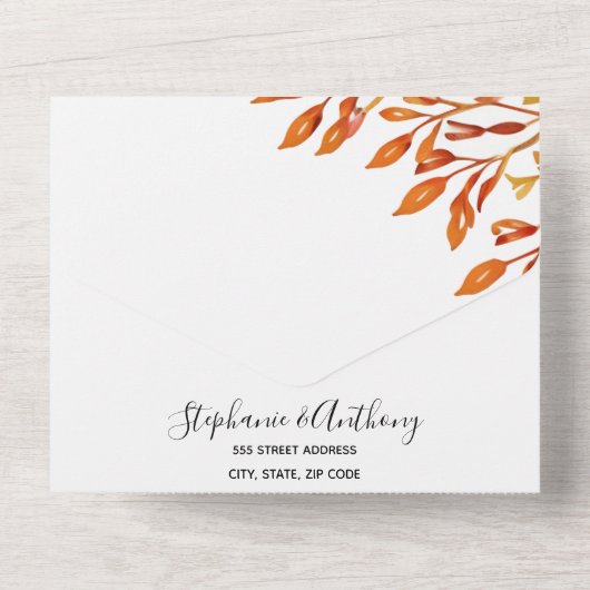 黒と白と錆の紅葉結婚の オールインワン招待状 (裏面)