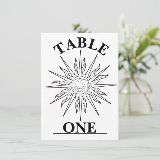 黒と白のお洒落太陽の天体テーブル番号 招待状 (スタンド正面)