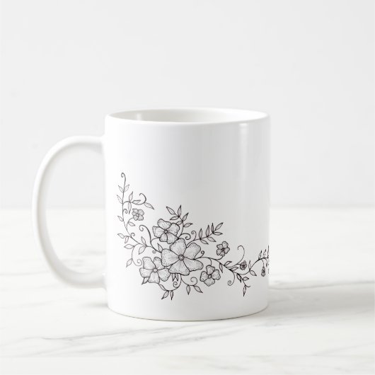 黒と白のお花の模様のマグカップ コーヒーマグカップ (左)