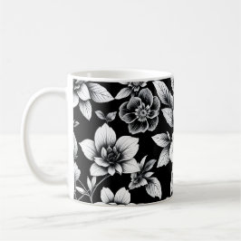 黒と白のお花 コーヒーマグカップ