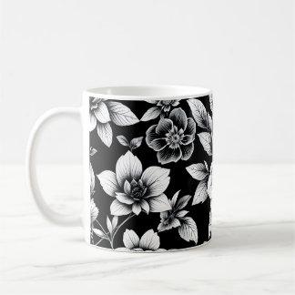 黒と白のお花 コーヒーマグカップ