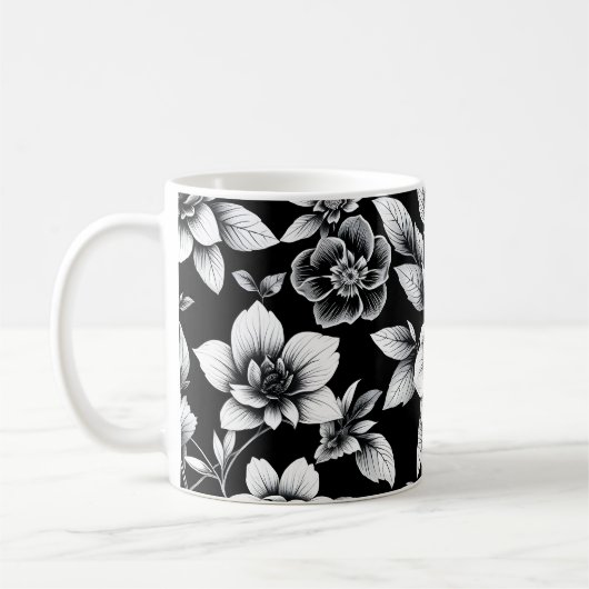 黒と白のお花 コーヒーマグカップ (左)