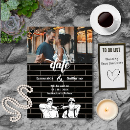 黒と白のかわいいシンプルなアニメ結婚式 セーブザデート