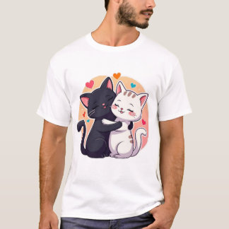 黒と白のかわいい猫のハグ ラブハート Tシャツ