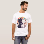 黒と白のかわいい猫のハグ ラブハート Tシャツ (正面フル)