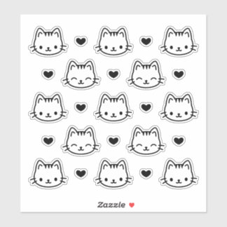 黒と白のかわいい猫の顔とハートのシート シール