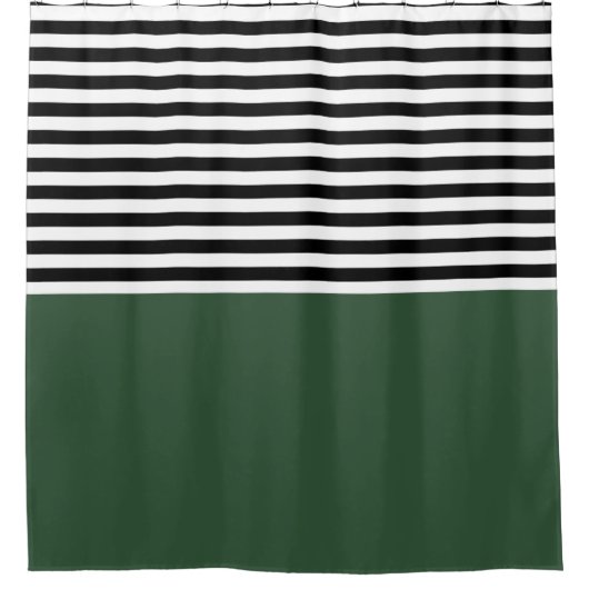 黒と白のとダークエメラルドグリーンストライプ シャワーカーテン (正面)