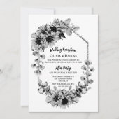 黒と白のひまわり花の結婚式の披露宴 招待状 (正面)