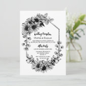 黒と白のひまわり花の結婚式の披露宴 招待状 (スタンド正面)