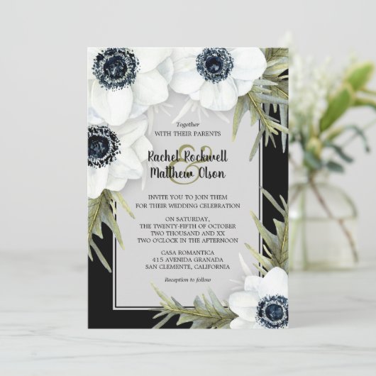 黒と白のアネモネの植物結婚式の招待 (スタンド正面)
