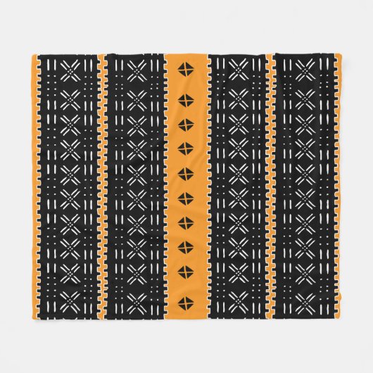 黒と白のアフリカの泥の布模様 フリースブランケット (正面(横))