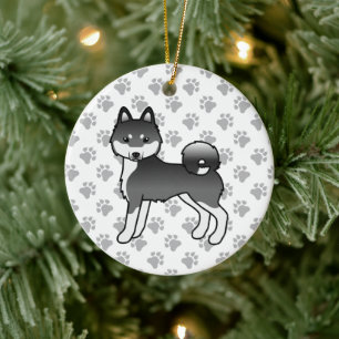 黒と白のアラスカン・クリー・カイ かわいいキャラクター 犬 セラミックオーナメント