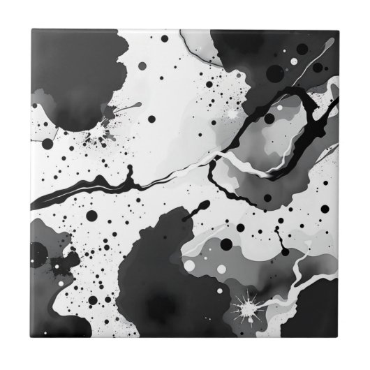 黒と白のインクのしぶきのある流れる模様 タイル (正面)