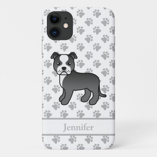 黒と白のイングリッシュスタッフィー犬+名前 Case-Mate iPhoneケース (裏面)