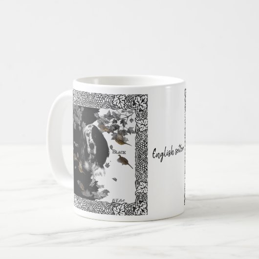 黒と白のイングリッシュセッター コーヒーマグカップ (正面左)