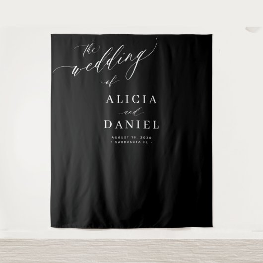 黒と白のエレガントなモダン結婚式の背景 タペストリー (正面)