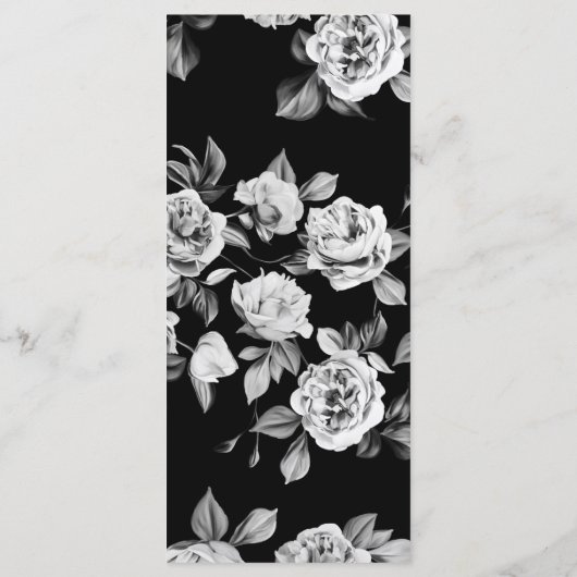 黒と白のエレガントフローラカスタムウェディングディナー メニュー (裏面)