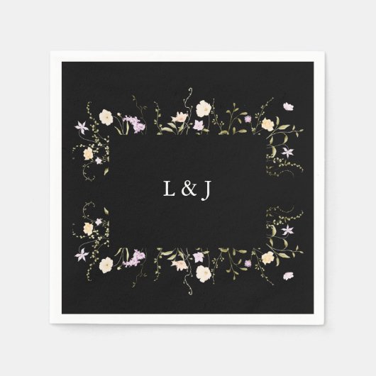 黒と白のエレガントワイルドフラワー結婚のフローラ スタンダードカクテルナプキン (正面)