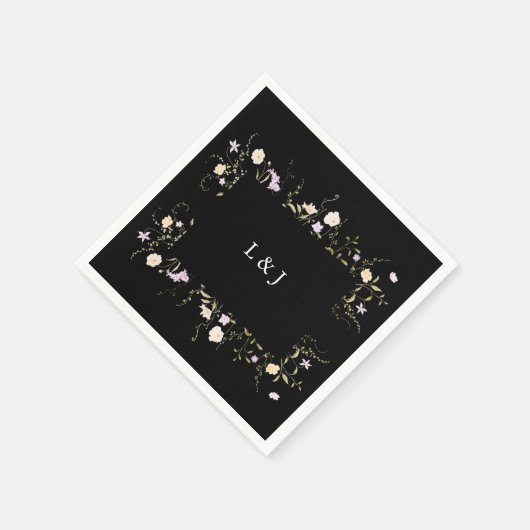 黒と白のエレガントワイルドフラワー結婚のフローラ スタンダードカクテルナプキン (角)