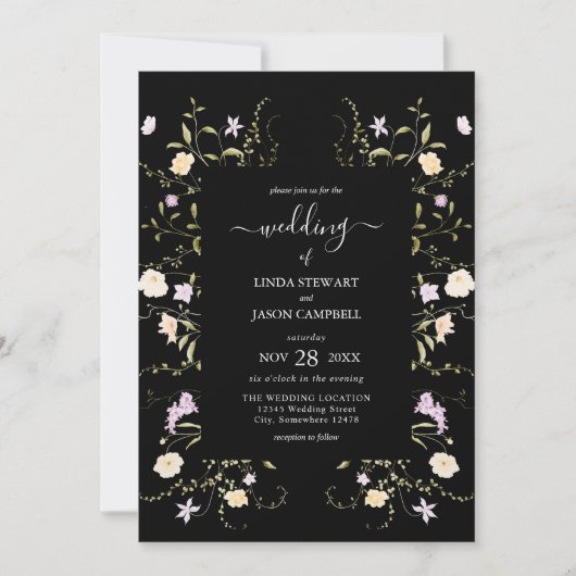 黒と白のエレガントワイルドフラワー結婚のフローラ 招待状 (正面)