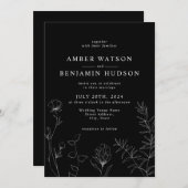 黒と白のエレガントワイルドフラワー結婚のフローラ 招待状 (正面/裏面)