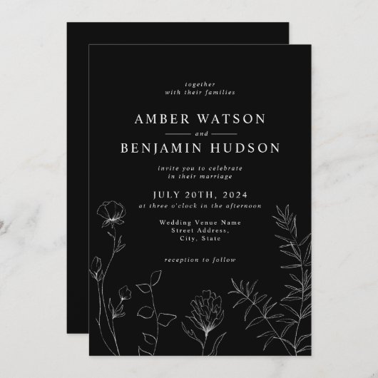 黒と白のエレガントワイルドフラワー結婚のフローラ 招待状 (正面/裏面)