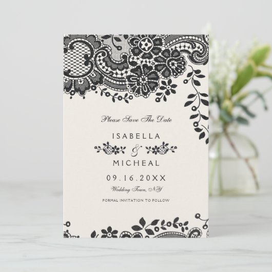 黒と白のエレガントヴィンテージレースは日付を保存 セーブザデート (スタンド正面)