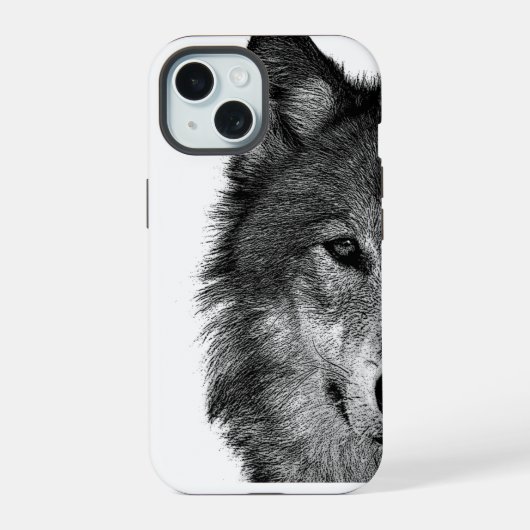 黒と白のオオカミの目のアート iPhone 15ケース (裏面)